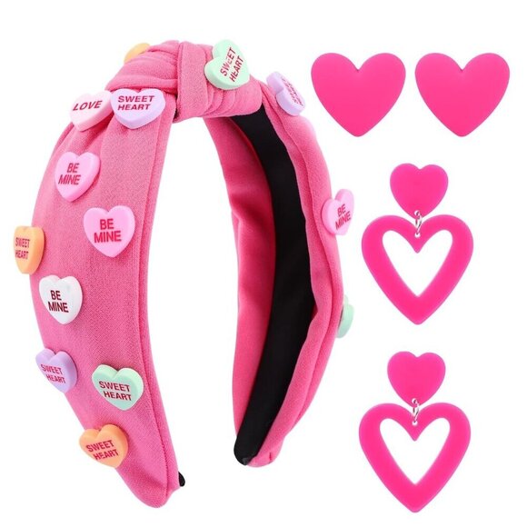 Valentine\'s Day Headband and Heart Earrings Set for Women Romantic Accessories